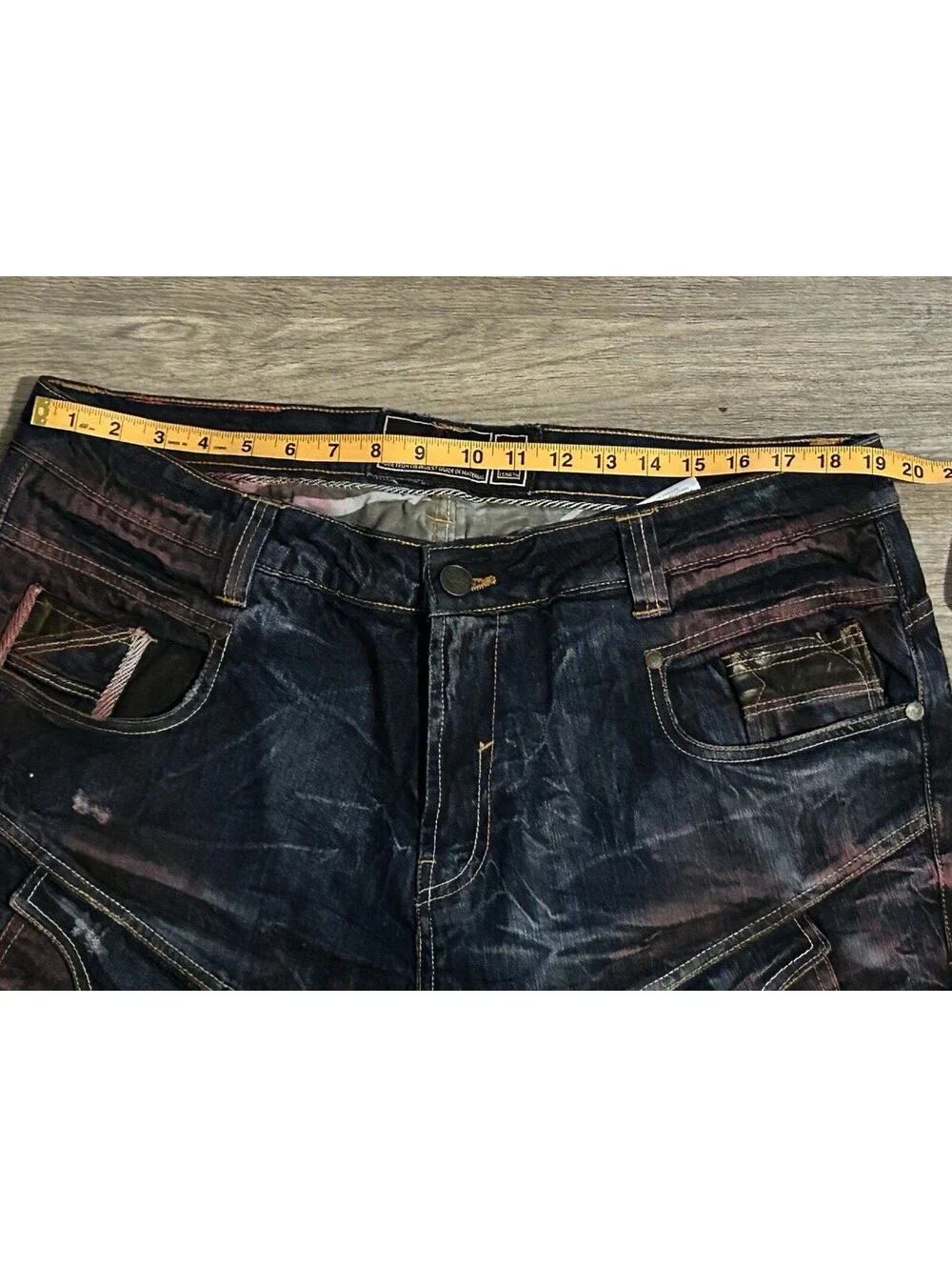 Elite Premium Denim Jeans 38x34 Distressed Dark Wash Hand Paint Cargo Pockets